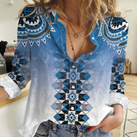 New Zealand Women Casual Shirt Poutama Mix Blue Taniko Inspired Art LT05