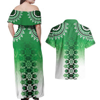 New Zealand Couples Matching Off Shoulder Maxi Dress and Hawaiian Shirt Poutama Mix Green Taniko Inspired Art LT05