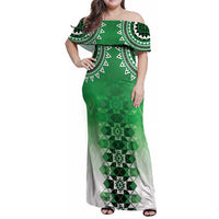 New Zealand Family Matching Off Shoulder Maxi Dress and Hawaiian Shirt Poutama Mix Green Taniko Inspired Art LT05