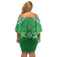 New Zealand Off Shoulder Short Dress Poutama Mix Green Taniko Inspired Art LT05