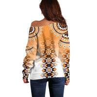 New Zealand Off Shoulder Sweater Poutama Mix Orange Taniko Inspired Art LT05