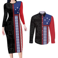 Samoa Flag Couples Matching Long Sleeve Bodycon Dress and Long Sleeve Button Shirt Ula Fala With Samoan Siapo - Polynesian Pride