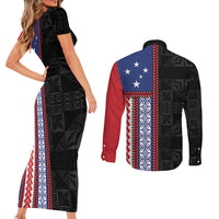 Samoa Flag Couples Matching Short Sleeve Bodycon Dress and Long Sleeve Button Shirt Ula Fala With Samoan Siapo LT05 - Polynesian Pride