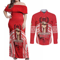 Custom Tonga Rugby Mate Ma'a Couples Matching Off Shoulder Maxi Dress and Long Sleeve Button Shirt Tongan Pride Unique Style LT05 Red - Polynesian Pride