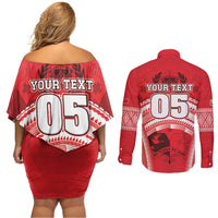 Custom Tonga Rugby Mate Ma'a Couples Matching Off Shoulder Short Dress and Long Sleeve Button Shirt Tongan Pride Unique Style LT05 - Polynesian Pride