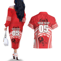 Custom Tonga Rugby Mate Ma'a Couples Matching Off The Shoulder Long Sleeve Dress and Hawaiian Shirt Tongan Pride Unique Style LT05 - Polynesian Pride