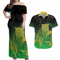 New Zealand Aotearoa Ruru Couples Matching Off Shoulder Maxi Dress and Hawaiian Shirt Maori Fern Art Green