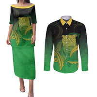 New Zealand Aotearoa Ruru Couples Matching Puletasi and Long Sleeve Button Shirt Maori Fern Art Green