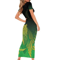 New Zealand Aotearoa Ruru Short Sleeve Bodycon Dress Maori Fern Art Green