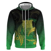 New Zealand Aotearoa Ruru Zip Hoodie Maori Fern Art Green