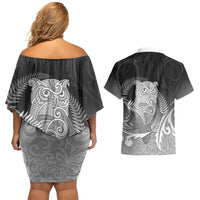 New Zealand Aotearoa Ruru Couples Matching Off Shoulder Short Dress and Hawaiian Shirt Maori Fern Art Black