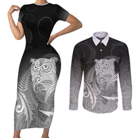 New Zealand Aotearoa Ruru Couples Matching Short Sleeve Bodycon Dress and Long Sleeve Button Shirt Maori Fern Art Black