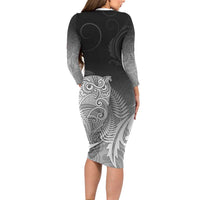 New Zealand Aotearoa Ruru Long Sleeve Bodycon Dress Maori Fern Art Black