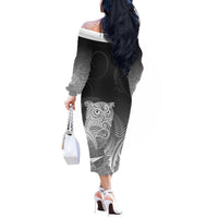New Zealand Aotearoa Ruru Off The Shoulder Long Sleeve Dress Maori Fern Art Black