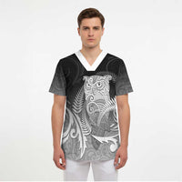 New Zealand Aotearoa Ruru Scrub Top Maori Fern Art Black - Polynesian Pride