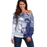 Personalised Northern Mariana Islands And Guam Off Shoulder Sweater Latte Stone With Tribal Pattern LT05 Women Blue - Polynesian Pride