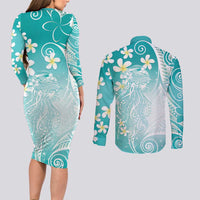Polynesian Jellyfish Couples Matching Long Sleeve Bodycon Dress and Long Sleeve Button Shirt With Plumeria Teal