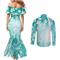 Polynesian Jellyfish Couples Matching Mermaid Dress and Long Sleeve Button Shirt With Plumeria Teal