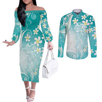 Polynesian Jellyfish Couples Matching Off The Shoulder Long Sleeve Dress and Long Sleeve Button Shirt With Plumeria Teal