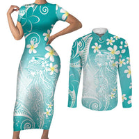 Polynesian Jellyfish Couples Matching Short Sleeve Bodycon Dress and Long Sleeve Button Shirt With Plumeria Teal