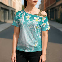 Polynesian Jellyfish Cross Shoulder Shirt With Plumeria Teal