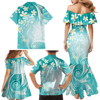 Polynesian Jellyfish Family Matching Mermaid Dress and Hawaiian Shirt With Plumeria Teal
