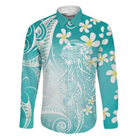Polynesian Jellyfish Family Matching Mermaid Dress and Hawaiian Shirt With Plumeria Teal