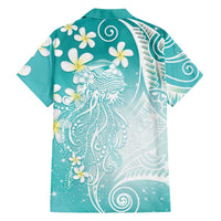 Polynesian Jellyfish Family Matching Off Shoulder Maxi Dress and Hawaiian Shirt With Plumeria Teal