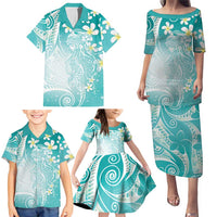 Polynesian Jellyfish Family Matching Puletasi and Hawaiian Shirt With Plumeria Teal