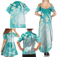 Polynesian Jellyfish Family Matching Summer Maxi Dress and Hawaiian Shirt With Plumeria Teal