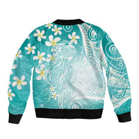 Polynesian Jellyfish Sleeve Zip Bomber Jacket With Plumeria Teal LT05 - Polynesian Pride