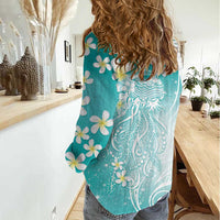 Polynesian Jellyfish Women Casual Shirt With Plumeria Teal