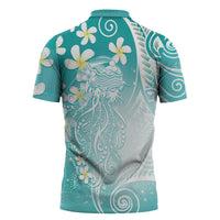 Polynesian Jellyfish Zipper Polo Shirt With Plumeria Teal