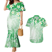 Polynesian Jellyfish Couples Matching Mermaid Dress and Hawaiian Shirt With Plumeria Green
