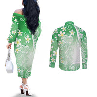 Polynesian Jellyfish Couples Matching Off The Shoulder Long Sleeve Dress and Long Sleeve Button Shirt With Plumeria Green