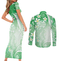 Polynesian Jellyfish Couples Matching Short Sleeve Bodycon Dress and Long Sleeve Button Shirt With Plumeria Green