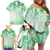 Polynesian Jellyfish Family Matching Off Shoulder Short Dress and Hawaiian Shirt With Plumeria Green