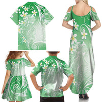Polynesian Jellyfish Family Matching Summer Maxi Dress and Hawaiian Shirt With Plumeria Green