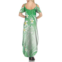 Polynesian Jellyfish Family Matching Summer Maxi Dress and Hawaiian Shirt With Plumeria Green
