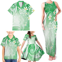 Polynesian Jellyfish Family Matching Tank Maxi Dress and Hawaiian Shirt With Plumeria Green