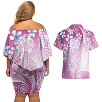 Polynesian Jellyfish Couples Matching Off Shoulder Short Dress and Hawaiian Shirt With Plumeria Pink