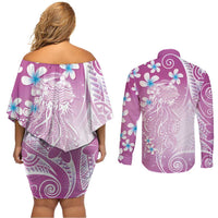 Polynesian Jellyfish Couples Matching Off Shoulder Short Dress and Long Sleeve Button Shirt With Plumeria Pink