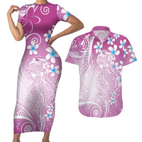 Polynesian Jellyfish Couples Matching Short Sleeve Bodycon Dress and Hawaiian Shirt With Plumeria Pink