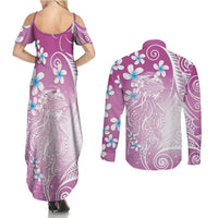 Polynesian Jellyfish Couples Matching Summer Maxi Dress and Long Sleeve Button Shirt With Plumeria Pink