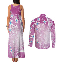 Polynesian Jellyfish Couples Matching Tank Maxi Dress and Long Sleeve Button Shirt With Plumeria Pink