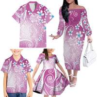 Polynesian Jellyfish Family Matching Off The Shoulder Long Sleeve Dress and Hawaiian Shirt With Plumeria Pink