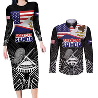American Samoa Flag Day Couples Matching Long Sleeve Bodycon Dress and Long Sleeve Button Shirt Bald Eagle With Polynesian Pattern