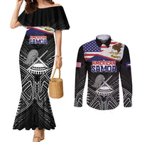 American Samoa Flag Day Couples Matching Mermaid Dress and Long Sleeve Button Shirt Bald Eagle With Polynesian Pattern