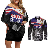 American Samoa Flag Day Couples Matching Off Shoulder Short Dress and Long Sleeve Button Shirt Bald Eagle With Polynesian Pattern