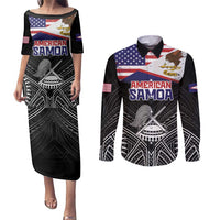 American Samoa Flag Day Couples Matching Puletasi and Long Sleeve Button Shirt Bald Eagle With Polynesian Pattern